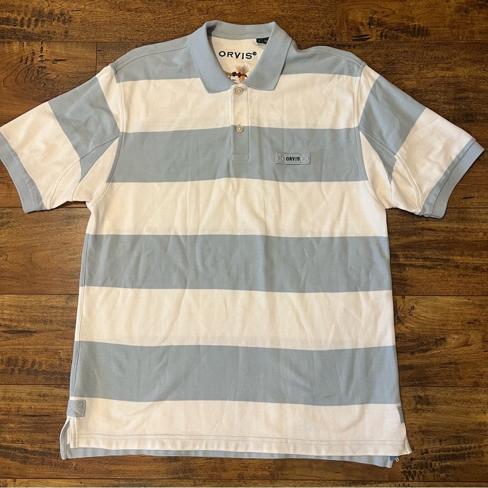 ORVIS Men’s Blue/White Striped Signature Polo Size Large EUC